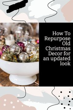 a white bowl filled with christmas ornaments on top of a wooden table next to a black and white background