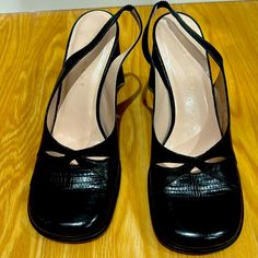 From The Early 2000’s. Brand New Condition, Never Been Worn. Has A Small Nick On The Outer Left Heel, Hardly Noticeable. Other Than That - Great Conditionn 3” Leather Black Square Toe Slingback Pumps For Party, Leather Platform Slingback Pumps With Pointed Toe, Black Slingback Pumps With Padded Heel And Square Toe, Spring Black Slingback Pumps With Padded Heel, Formal Leather Platform Slingback Pumps, Black Slingback Pumps With Round Toe For Spring, Black Slingback Pumps For Spring Formal, Classic Black Slingback Sandals With Padded Heel, Black Slingback Pumps With 4-inch Heel And Round Toe