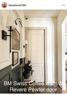 an image of a hallway with white walls and black trim on the door, and text bm swiss coffee walls & reverse pewer door