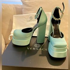 Shoe Inspo Heels, Blue Chunky Platform Heels, Platform Heels Aesthetic, Versace Platform Heels, Green Platform Heels, Platform Heels Outfit, Green Shoes Heels, Shoes Platform Heels, Light Blue Heels