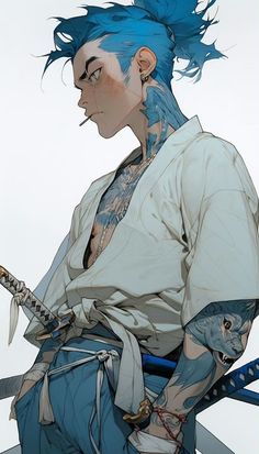 an anime character with blue hair and tattoos holding a knife in his right hand while sitting down