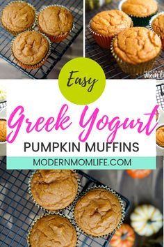 easy greek yogurt pumpkin muffins recipe on a cooling rack with text overlay