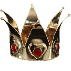 a gold crown with red hearts on it