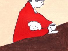 a drawing of a person sitting at a table with a dog on their lap and a cup in front of them