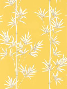 a yellow background with white bamboo plants on it