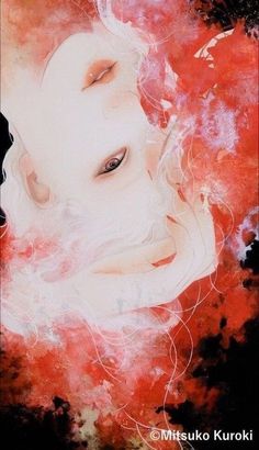 a painting of a woman's face with red and white paint splattered on it