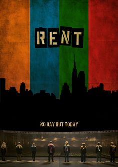 people standing in front of a multicolored building with the words rent on it