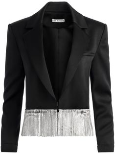 black fringed edge notched collar concealed front fastening long sleeves chest welt pocket Fringe Blazer, Crystal Fringe, Alice And Olivia, Tailored Blazer, Black Fringe, Stylish Clothes For Women, Feminine Aesthetic, Cropped Blazer, Notched Collar