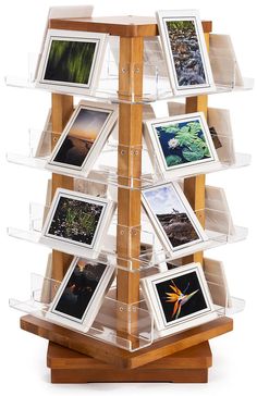 a display case with multiple pictures on it