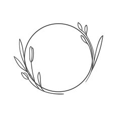 a black and white line drawing of an oval frame with leaves on the side, in front of a plain background