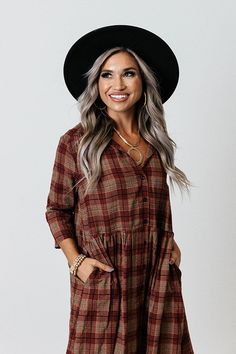 You will surely be in a cherry mood when you wear this charming tunic dress featuring lightweight material patterned with a brown and dark red hued plaid print, a v-cut neckline, loose 3/4-length sleeves, and a relaxed silhouette that falls into a straight mid-thigh length hemline! Measurements S : Bust 44", Hip 50", Length 33", Sleeve Length 15.5", Waist 44". M : Bust 46", Hip 52", Length 33.5", Sleeve Length 16", Waist 46". L : Bust 48", Hip 54", Length 34", Sleeve Length 16", Waist 48". XL : Plaid Tunic Dress, Plaid Tunic, Plaid Jacket, Model Fits, V Cut, V Cuts, Women Clothing Boutique, Plaid Print, Hip Length