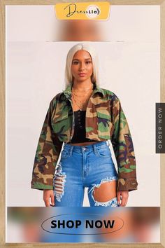 Camouflage Print Lapel Big Pockets Cropped Jacket Combat Style Camouflage Utility Jacket For Fall, Fall Combat Camouflage Utility Jacket, Camouflage Military Outerwear For Spring, Big Pockets, Big Pocket, Camouflage Print, Turndown Collar, Cropped Jacket, Short Jacket