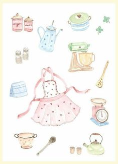 a watercolor drawing of kitchen items and utensils