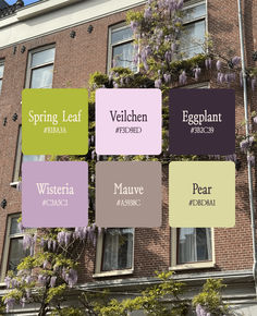 a building with many different colors on the front and side windows that say spring leaf, eggplant, wisteria, pear