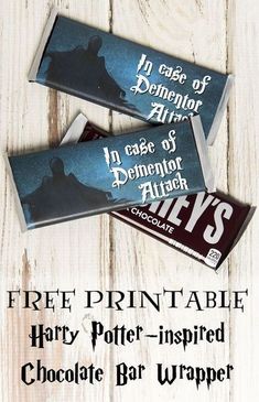 two chocolate bar wrappers with the words free printable harry potter inspired chocolate bar wrapper