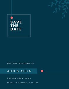 the save the date card is shown with blue and pink flowers on it, as well as