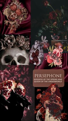 a collage of photos with skulls, flowers and other things in them that are red