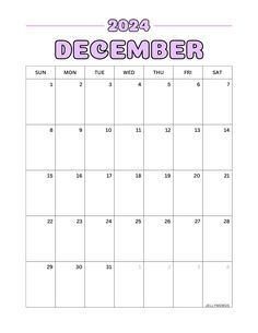 a calendar with the word december in purple and pink on it's front page