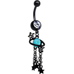 Clear Blue Gem Black Saturn Stars Dangle Belly Ring This 14 gauge navel ring is out of this world! It's made with a 3/8" black PVD over 316L surgical grade stainless steel curved barbell with a 5mm top ball end. The bottom ball end is 8mm and set with a large clear gem. Dangling beneath it is a planet Saturn charm, with the planet composed of a single blue gem and ring. The planet is set on one side with a small star, set with tiny clear gems. It also features a pair of chains ending with matchi Belly Piercing Jewelry, Planet Saturn, Ring Piercing, Belly Button Jewelry, Navel Jewelry, Dangle Belly Rings, Navel Ring, Belly Piercing, Belly Button Piercing