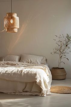 a bed with white sheets and pillows in a room next to a potted plant