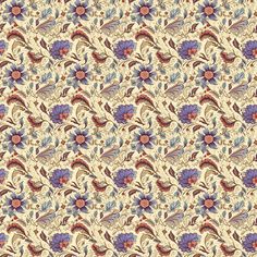 an abstract floral pattern with blue, yellow and red flowers on the side of it