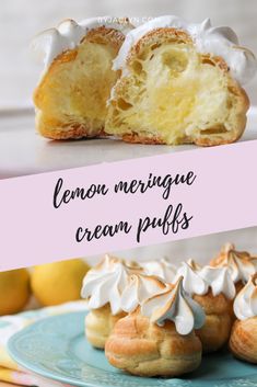 lemon meringue cream puffs on a plate with the words lemon mering cream puffs