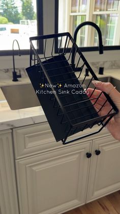 a person holding a dish rack over a kitchen sink