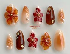 Brown Hibiscus Nails, Autumn Floral Nails, Nails Hibiscus Flower, Hibiscus Nail Art, Nails Popular, Customized Nails, Gift Nails, Nails Birthday, Nails Y2k