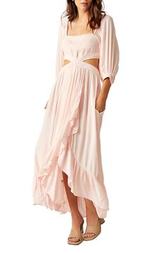 Flowy, lightweight and fabulous best describe this maxi-length dress popped with billowy sleeves, a wraparound waist cutout and handy hidden pockets. Square neck Three-quarter sleeves Side-seam pockets 100% viscose Hand wash, line dry Imported Pink Flowy Midi Maxi Dress, Pink Flowy Maxi Dress With Midi Length, Pink Flowy Midi Length Maxi Dress, Breezy Pink V-neck Maxi Dress, Feminine Flowy Maxi Skirt For Beach, Chic Pink Maxi Dress With Flowy Skirt, Feminine Maxi Skirt For Spring, Spring Billowy Maxi Dress, Feminine Billowy Maxi Dress