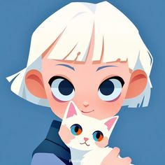 an anime character holding a white cat with big blue eyes on her face and blonde hair