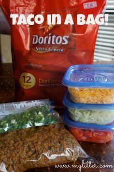 taco in a bag and three plastic containers sitting on a table with the words, taco in a bag next to it