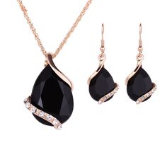 Black Crystal Drop Earrings and Necklaces Set  #awessories #accessories #womenfashion #feminism #womeninbusiness Prom Jewelry Sets, Black Crystal Earrings, Black Hills Gold Jewelry, Black Gold Jewelry, Prom Jewelry, Alloy Earrings, Gold Necklace Set, Gemstone Necklace Pendant, Crystal Drop Earrings