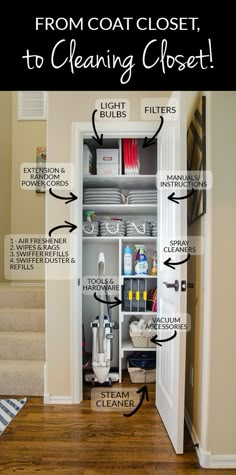 an open closet filled with cleaning supplies and labeled to help you find the best cleaner