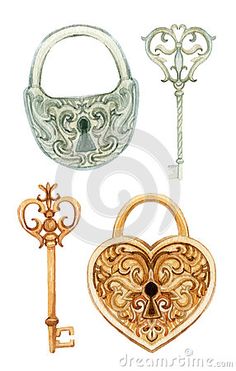 an assortment of antique keys and locks with heart shaped lock, key to the door