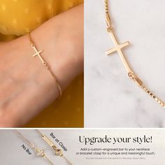 14K Solid Gold Sideways Cross Box Chain Bracelet, Gold Stylish Tiny Cross Bracelet, Yellow Rose or White Gold Dainty Cross Faith Bracelet. Makes a perfect gift for bridesmaids, mom, wife, girlfriend, fiance or anybody else that is special to you. Comes in a cute gift box ready for gifting. This beautiful sideways cross Bracelet was made popular by Jennifer Lopez, Kelly Ripa, Selena Gomez, and many other celebrities. Make it your own and add it to any outfit to add elegance and interest. The perfect versatile piece! Material: Solid Gold, real gold (no gold filled or gold plated) Karat: 14k (585), Cross Width: 0.34 inches (0.86 cm) Cross Height: 0.64 inches (1.63 cm) Box Chain Width : 0.046 inches (1.18 mm) Bracelet Length: Available Between 6.0 - 8.0 Inches      M o r e  *  F r o m  *  U s Bracelets With Extender As A Gift, Gold Spiritual Bracelets As A Gift For Her, Personalized Gold Rosary Bracelet As Gift, Gold Hypoallergenic Cross Bracelet, Minimalist Rosary Bracelet Gift, Adjustable Chain Bracelet For Birthday Gift, Elegant Personalized Cross Bracelets, Adjustable Cross Chain Bracelet As Gift, Hypoallergenic Gold Rosary Bracelet As Gift