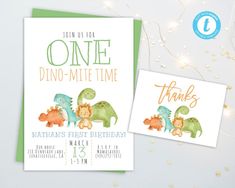 two birthday cards with dinosaurs on them, one for dino - mite time and the other for thank