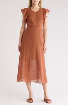 A crinkle-textured semi-sheer overlay gives an ethereal finish to this flutter-sleeve midi-length dress. 51" length (size 2) Hidden back zip closure 69% cotton, 27% nylon, 4% elastane Dry clean Imported Summer Occasion Dress, Concert Looks, Daytime Dresses, Midi Dress With Sleeves, Sweaters And Leggings, Midi Length Dress, Comfortable Dress, Flutter Sleeve, Jeans Dress