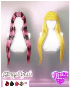 two wigs with different colored hair are shown in this image, one is blonde and the other is pink