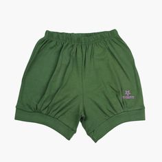 a green shorts with purple lettering on the front and bottom, sitting against a white background