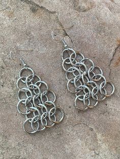 A pair of chainmail earrings European pattern. Simple and very versatile style. Triangular shape.  nickel and lead free. Nickel Free Chain Link Metal Jewelry, Nickel-free Chain Link Jewelry, Metal Drop Earrings With Silver Chain, Nickel-free Metal Chain Link Jewelry, Silver Chain Drop Earrings, Chain Link Metal Earrings For Gift, Metal Chain Link Earrings For Gifts, Handmade Silver Metal Chandelier Earrings, Nickel-free Silver Metal Chandelier Earrings