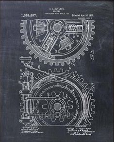 an old drawing of gears on a blackboard