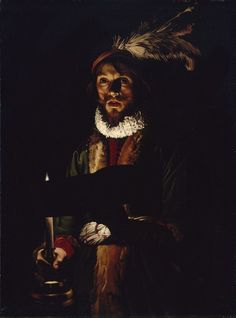 a painting of a man with feathers on his head holding a lit candle in his hand