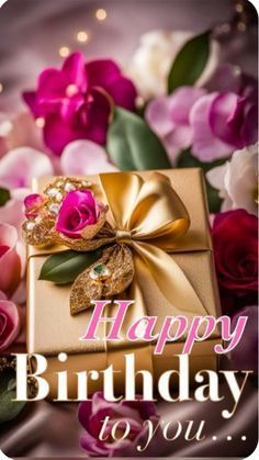 happy birthday to you card with pink roses and gold gift box on purple floral background