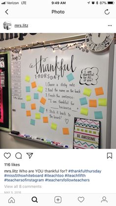 a bulletin board with post it notes attached to it and the words thank you written on it