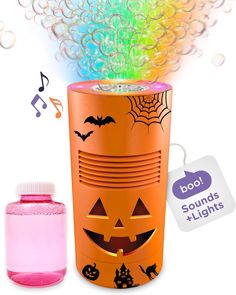 an orange canister with music notes coming out of it and a spooky pumpkin on the top