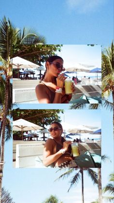 a woman drinking from a yellow cup in front of palm trees and beach umbrellas