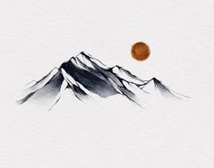 a watercolor painting of a mountain with the sun above it