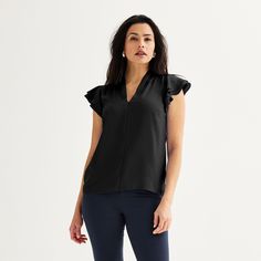 Elevate your style with this women's Nine West flutter sleeve satin blouse.Click on this WOMEN'S GUIDE to find the perfect fit and more! FEATURES Pullover styling Ruffle cap sleeves V-neckFIT & SIZING 25-in. length from shoulder to hemFABRIC & CARE Polyester Machine wash Imported Size: X Small. Color: Mineral Black. Gender: female. Age Group: adult. Petite Size Chart, Satin Blouse, Womens Size Chart, Elevate Your Style, Petite Size, Flutter Sleeve, Nine West, Pullover Styling, Gender Female