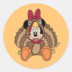 a cartoon turkey with a bow on it's head sitting in front of an orange background