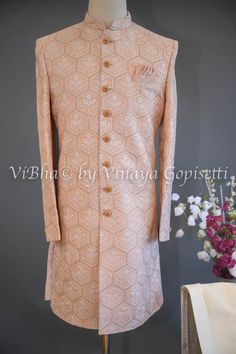 Pristine Peach Silk Thread Embroidered Sherwani Set White Thread Embroidery, Embroidered Sherwani, Stylish Men Casual, Thread Embroidery, Pastel Shades, Fancy Sarees, White Silk, Silk Thread, Indian Bride